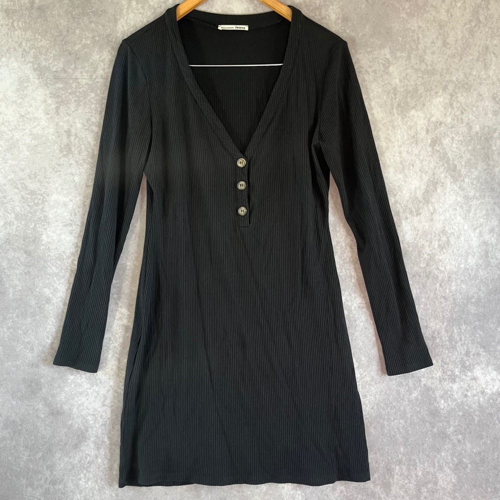 Reformation Jeans Mini Dress Women Large Black Ribbed Henley V-Neck Long Sleeve